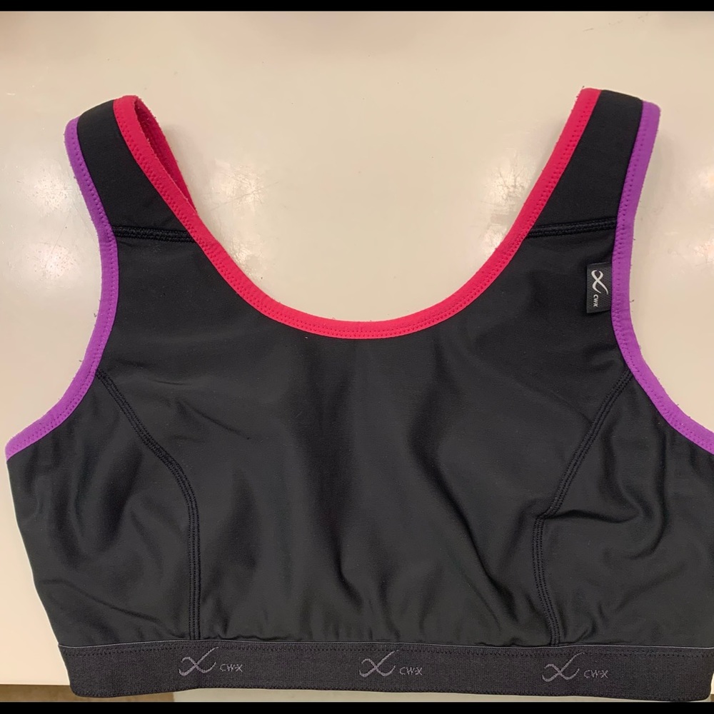 CW-X black sports bra with bright purple & hot pink trim 38DD